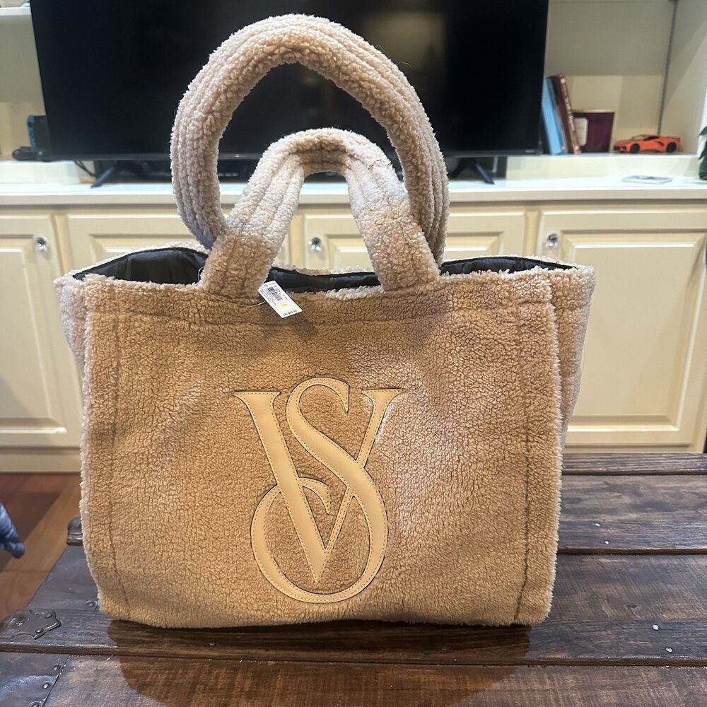 NEW Victoria's Secret VS Cozy Plush Tote 15x 13x6 Logo Fleece Sherpa Bag TAN